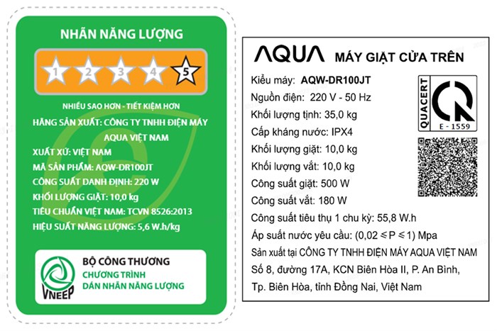 Máy giặt Aqua Lồng đứng Inverter 10 kg AQW-DR100JT BK